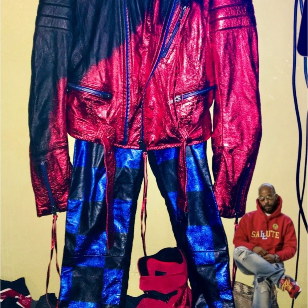Red and Blue Leather Jacket and Pants Set